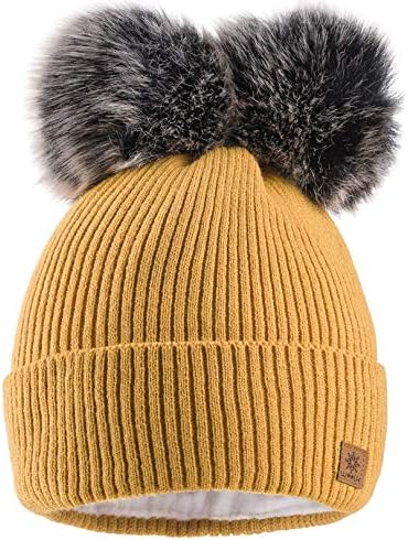MFAZ Morefaz Ltd Women Ladies Winter Beanie Hat Knitted Chunky with Double Faux Fur Pom Pom