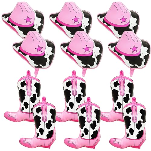 12Pcs Western Party Balloons Set 6 Cowboy Hat & 6 Boot Balloons Large Festival Celebration Decorations for West Themed Rodeo Birthday Parties(Pink)