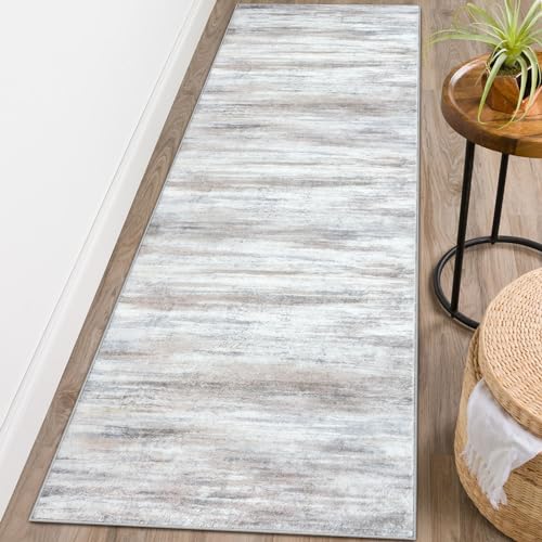 Kozyfly K-CX Modern Abstract Kitchen Runner Rug, 2X6 Washable Rug Runner Non-Slip Soft Striped Hallway Runner Rugs, Beige Print Distressed Carpet Runner For Entryway Bathroom Laundry Room Foyer thumb #1