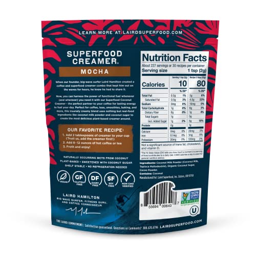 Image of Laird Superfood Non-Dairy Coffee Creamer Mocha, Shelf-Stable Superfood Non-Dairy Powder Creamer, Gluten Free, Non-GMO, Vegan, 16 oz. Bag, Pack of 2