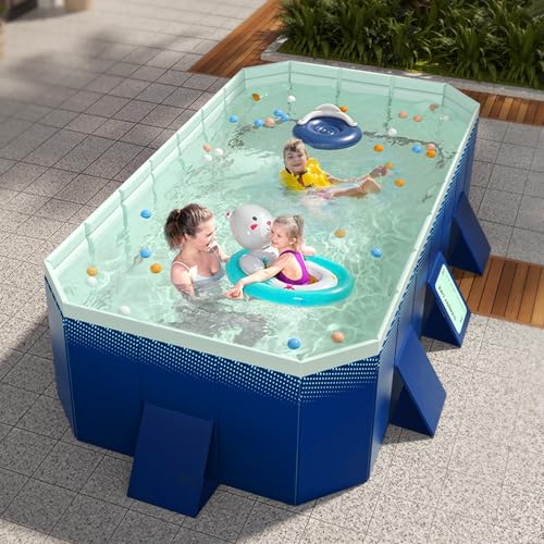 Heavy-Duty PVC Foldable Pool, Dual Drains (Side & Bottom) for Quick Filling & Emptying, Collapsible Design Fits Backyard/Indoor Use (Includes Exterior Pool Stand) Blue