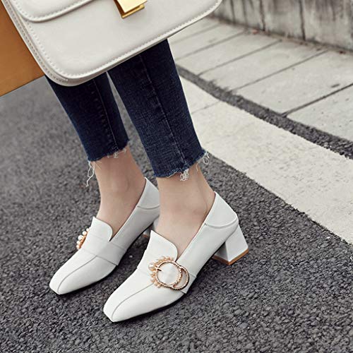 MIOKE Women's Pointed Toe Buckle Pump Loafers Slip-On Patent Leather Chunky Mid Heel Work Office Dress Shoes4