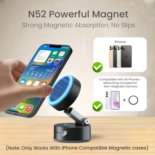 Image of Portronics Hold X Magnetic Vacuum Suction Mobile Holder, Multiple Angle Adjustment, Retractable, Strong Magnetic Attachment, Compatible with iPhone & Android Phone for Car, Desk, Mirror, Glass(Black)