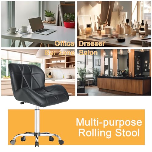 كرسي مكتب من بيجزدا بدون ذراع على عجلات، ارتفاع قابل للتعديل من 47-62 سم، مطلي بجلد صناعي، كرسي مكتب دوار 360 درجة للمكتب والمطبخ وصالون التجميل، أسود