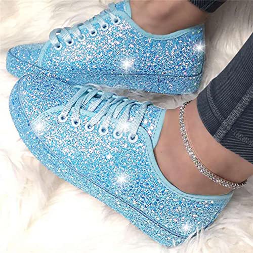 Women's Rhinestone Sneakers Ladies Fashion Sequin Round Head Lace Up Comfortable Flat Casual Shoes Women's Lace Up Casual Sneakers Glitter Sneakers2