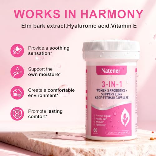 Natener 3 in 1 Vaginal Probiotics for Women - 600mg Slippery Elm + 200mg Kacip Fatimah +100mg Hyaluronic Acid - Supports Vaginal Moisture*, PH Balance*, Healthy Odor*, Tightening*, 60 Capsules — view 4
