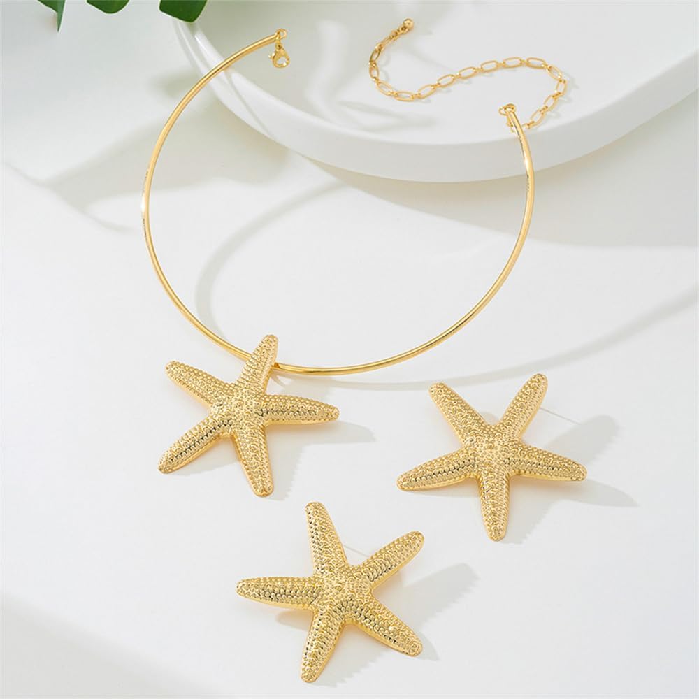 Starfish Big Chunky Stud Earrings Sea Star Choker Pendant Necklace Set for Women Beach Statement Dangling Fashion Trendy Summer Jewelry - Image 4