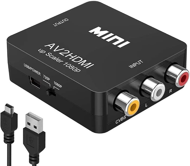 Convertidor RCA a HDMI, 1080P RCA compuesto CVBS AV a HDMI Adaptador convertidor de audio y vídeo compatible con N64 Wii PS2 Xbox VHS VCR Cámara DVD, compatible con PAL/NTSC con cable de alimentación USB