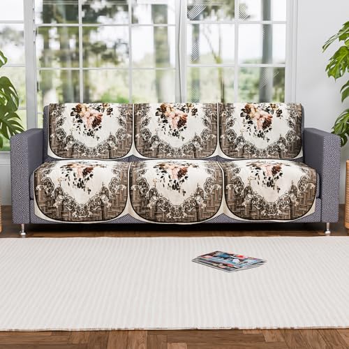 Image of Kuber Industries (Set of 6) Stylish & Durable Velvet Sofa Covers 3 Seater | Washable Sofa Protector /Mat | Suitable Slipcover for Living Room & Office | Check Border - Brown