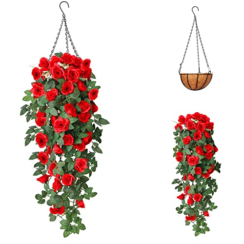 Absforty Artificial Hanging Baskets With Flowers, Artificial Vine Silk Rose Flower For Outdoor/Indoor, Basket Artificial Hanging Plant For Patio Lawn Garden Decor Artificial Flowers #TOP1
