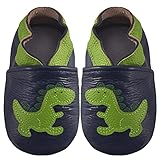  BAOLESEM Krabbelschuhe Leder Lauflernschuhe Jungen Mädchen Weicher Babyschuhe Kleinkind Hausschuhe mit Wildledersohlen für Baby,2 Dinosaurier,6-12 Monate