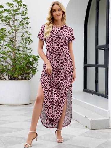 Image of Heymoments Womens Summer Maxi Dress Short Sleeve Casual Loose Long T Shirt Split Vacation Beach Sundress with Pockets