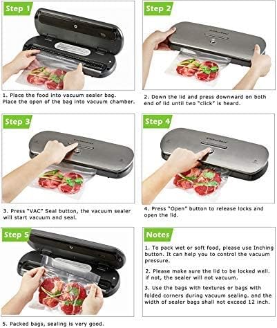 Step-by-step visual guide for using the KitchenBoss vacuum sealer, showing bag placement, lid closure, vacuuming, and sealing.