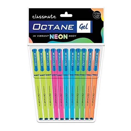 Classmate Octane Gel Pen- Neon Series (Blue)- Pack of 10 Pens + 1 Pen FREE