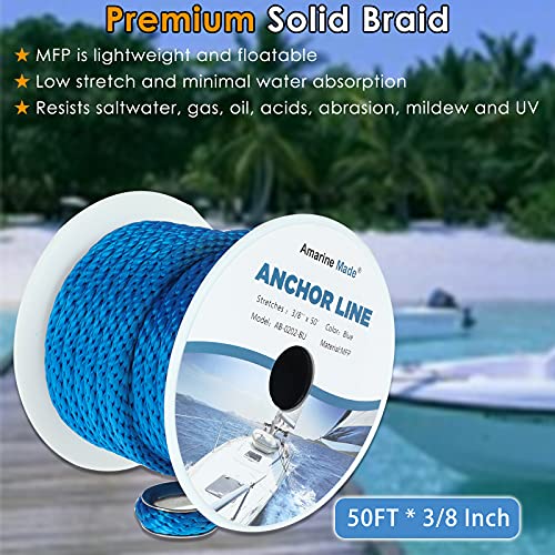 image for Amarine Made Anchor Line 3/8 Inch 50FT Premium Solid Braid MFP Anchor 