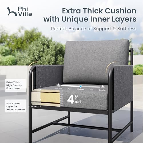Image of PHI VILLA Patio Furniture Set,Iron Metal Outdoor Furniture Set with Coffee Table, Thick Cushions and Fabric Covered Armrests, Deep Outdoor Sofa for Garden /Porch /Deck（Backyard ICON Collection）
