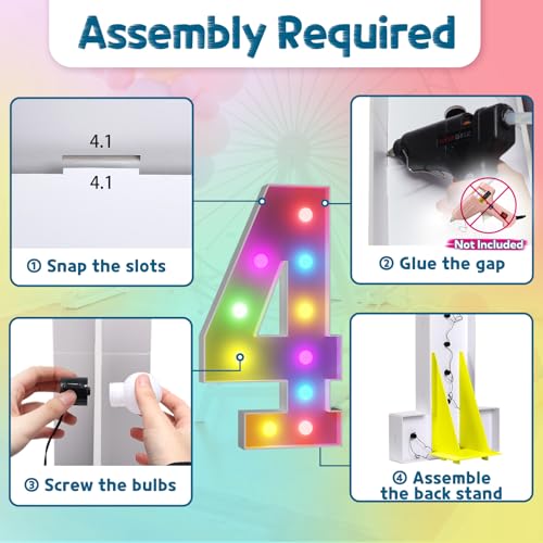 Image of Imprsv Colorful 4FT Marquee Numbers 4, 18 Colors Large Light up Numbers | RGB with Remote, Birthday Party Decorations Anniversary Wedding Decorations Assembly Required 24 Pcs Accessory Set