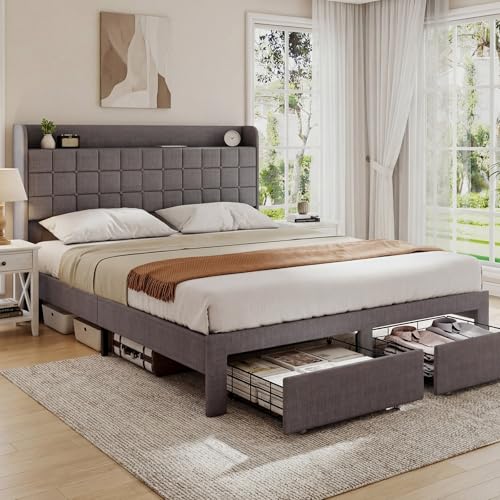 Image of Queen Size Storage Bed Frame, Square Tufted Headboard, Platform Bed with 2 Underbed Drawers at Foot, Wooden Slats Support, No Box Spring Needed, Dark Gray