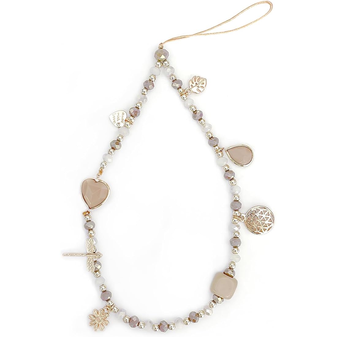Cordon de téléphone Portable avec Bijou et dragonne en Cristal Beige Anti-Perte - étui Pendentif chaîne, 1 pièce.