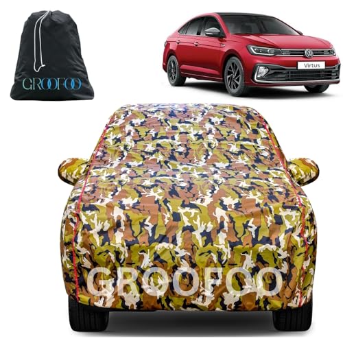 Image of GROOFOO Waterproof Car Body Cover with Mirror Pockets Compatible with Volkswagen Virtus | Triple Stitch Blue Piping Car Cover UV & Dust Proof All-Weather Protection, Adjustable Buckle (Army and Red)