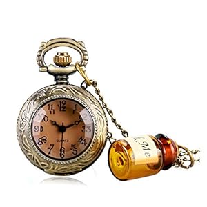Designer Inspirations Boutique ® Alice in Wonderland Drink Me Bottle Brushed Bronze Antiqued/Vintage Case Women’s Quartz Pocket Watch Necklace – On 32″ Inch / 80cm Chain