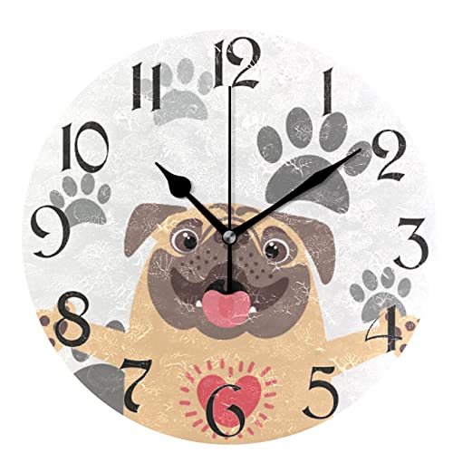 Comparativas de Escritorios pequeños para casa los más recomendados. 31 Pug Puppy - Reloj de pared con diseño de pata de perro, funciona con pilas, 10 pulgadas, silencioso, sin tictac, silencioso, decoración para sala de estar, hogar, oficina,...