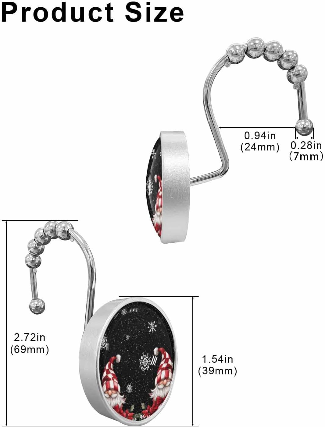 Shower Curtain Hooks 12 Pcs Christmas Rustic Poinsettia Flowers Gnome Snowflake Design Stainless Steel Rust Proof Rolling Shower Curtain Rings, Decorative Shower Curtain Hooks Hangers for Bathroom