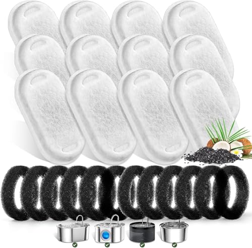 Cat Water Fountain Filters for 24PCS: Cat Fountain Replacement Filters for 67oz/2L&108oz/3.2L Stainless Steel C_at Water Foun_tain (12Filters&12Sponge)