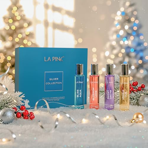 Image of LA PINK Silver Collection Unisex EDP Perfume Valentine Gift Set for Him & Her | Long Lasting Eau De Parfum | Travel-Friendly Fragrance Pack | Gift for Couple | Pack of 4 (25ml each)