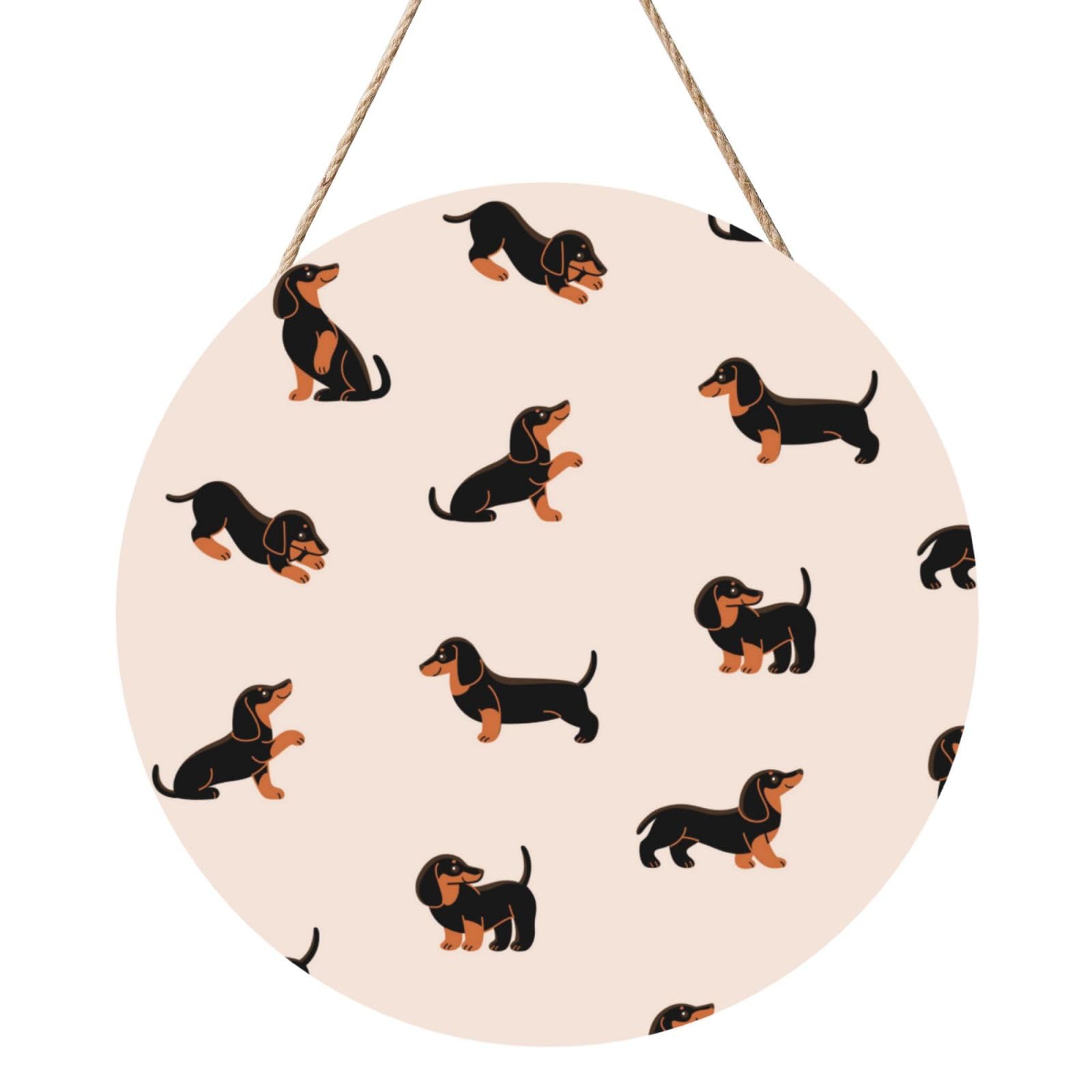 InOmak Cartoon Happy Dachshund Pattern, Round Wood Panel Painting 12 in, Wall Hanging Painting For Home