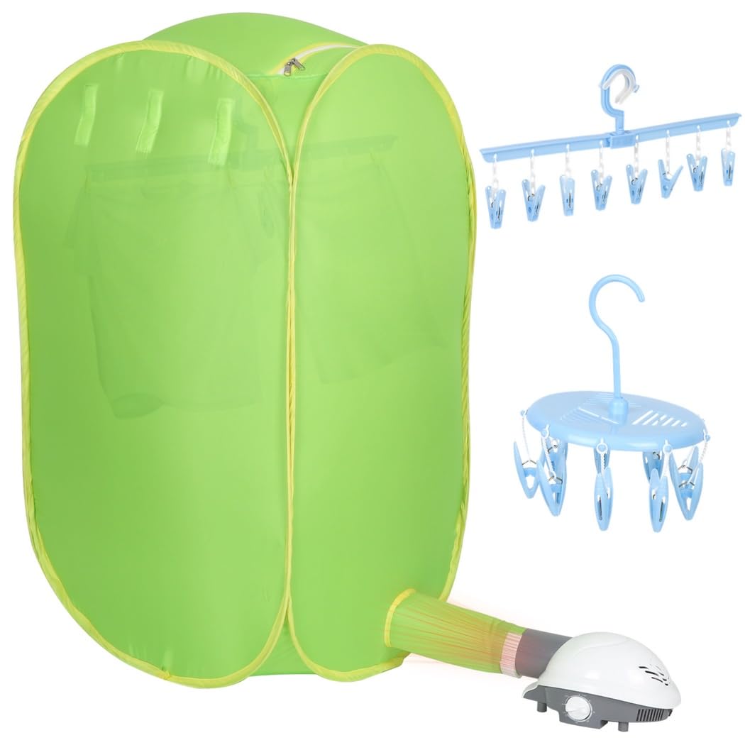 Máquina de secado plegable para viajes en casa, secadora portátil de 800 W para apartamentos, kit de secadora multifuncional verde con perchas de ropa, secadora de ropa portátil