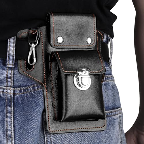 Leather Phone Holster for iPhone 17/16/15/14/13/12/their Pro & Pro Max, Belt Clip Cell Phone Case for Galaxy S25/S24/S23, Multitool Magnetic Closure Belt Pouch, Fits All Phones up to 7" (Black)