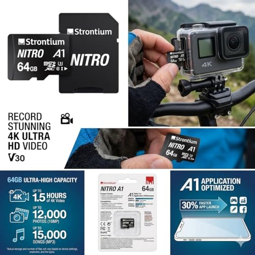 Image of Strontium 64GB Nitro microSDXC Memory Card | Class 10, UHS-I U3 V30, Up to 100MB /s Read Speed, 4K UHD Video Support, A1 Rated for Android Apps