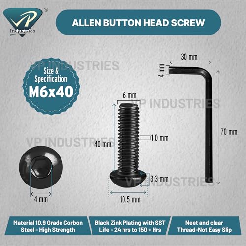 Image of Rely⇒VP INDUSTRIES M6 X 40 mm Button Head Cap Screw High Tensile 10.9 Grade With Allen Key - 25 Pcs Round Mushroom Head Alloy Steel Black