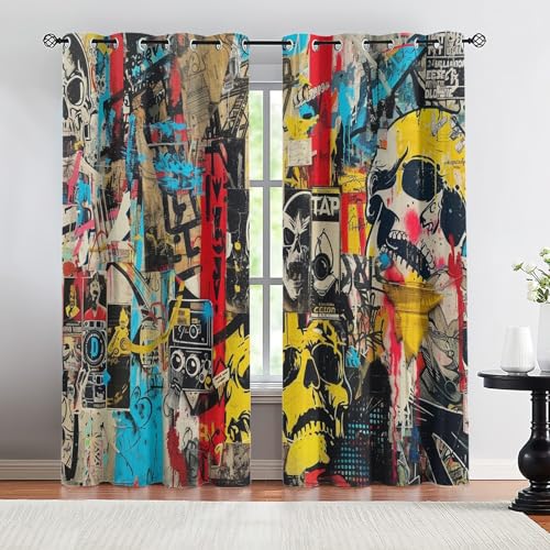 SOZIUFI Graffiti Curtains for Living Room Bedroom - Skull Blackout