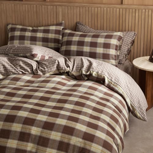 Image of EAVD Vintage Yellow&Brown Plaid Duvet Cover Twin Soft 100% Muslin Cotton Retro Grid Checkered Plaid Bedding Set with 2 Pillowcases Farmhouse Reversible Gingham Duvet Cover with Zipper Closure