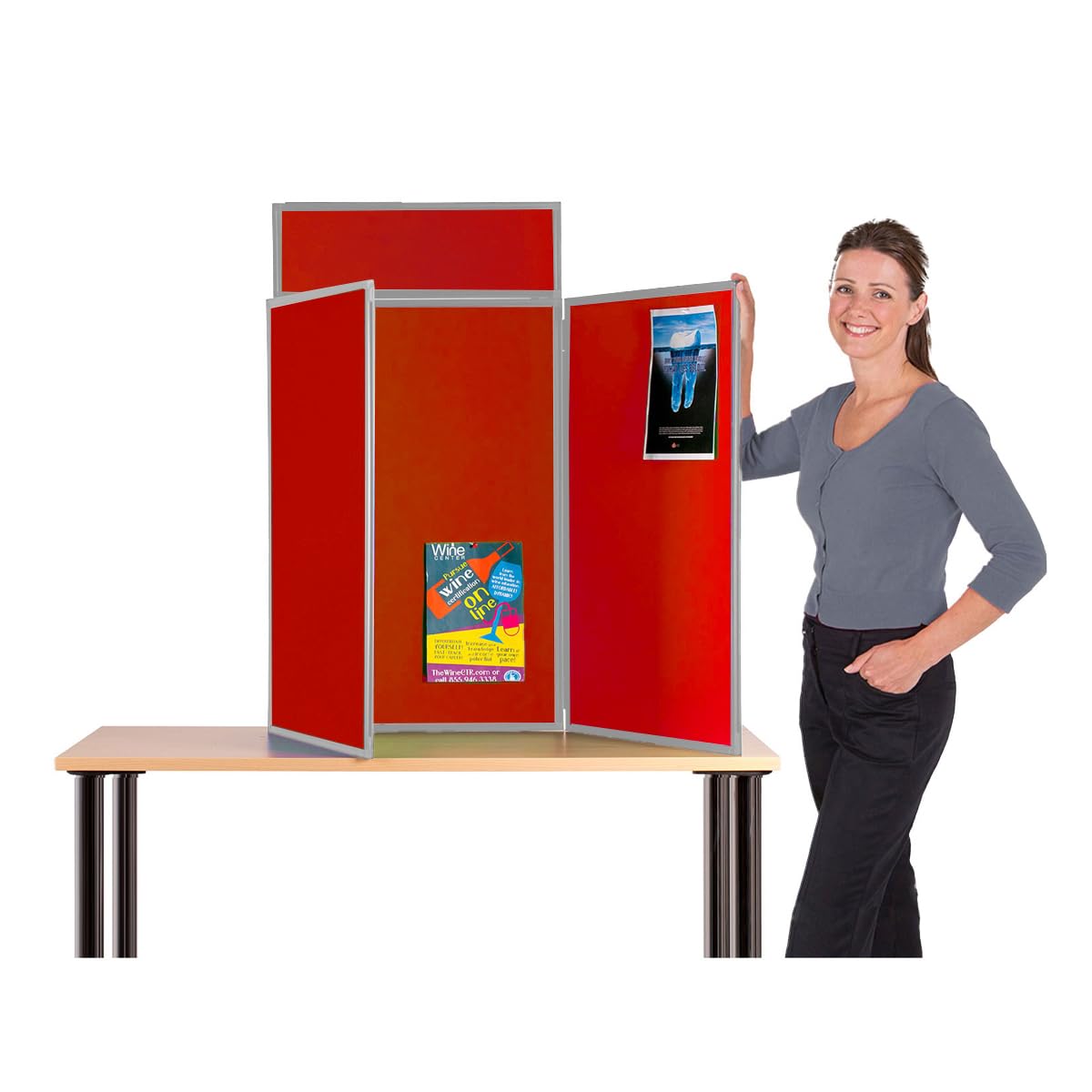 Wonderwall Desktop Exhibition 3 Panel Folding Display Panel Kit, Red Pinboard with Grey PVC Frame,Carry Bag, 100 Adhesive Tabs & Header -11 Colours - for Schools, Exhibitions, Venues