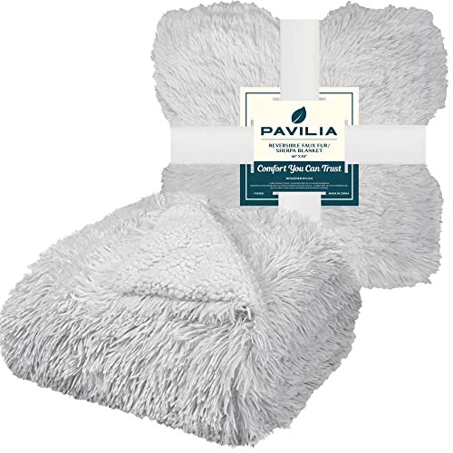 Pavilia Soft Fluffy Faux Fur Throw Blanket, Twin Light Grey Silver, Shaggy Furry Warm Sherpa Blanket Fleece Throw For Bed, Sofa, Couch, Decorative Fuzzy Plush Comfy Thick Throw Blanket, 60X80 Inches #TOP2