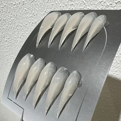 Press on Nails Long Curved Stiletto Transparent White Handmade Unique Reusable Dragon Eagle Claw Fake Nails Halloween Witch Vamp