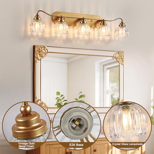 Image of Vintage Bathroom Light Fixtures, 5 Light Gold Bathroom Vanity Light, Matte Antique Brass Finish with Crystal Glass Shade, Wall Sconces Lighting for Bedroom, Living Room, Hallway