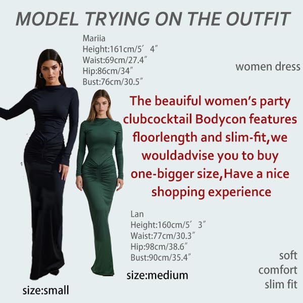 Image of Womens Sexy Maxi Dress Long Sleeve Ruched Bodycon Turtleneck Club Party Casual Wedding Dresses