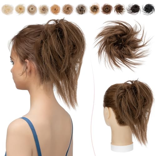 SEGO Moño Postizo Pelo Natural Coleteros Postizos Rizado Ondulado Coleta Postiza Extensiones de Cabello Humano Despeinado para Mujeres (#6 Castaño Claro)