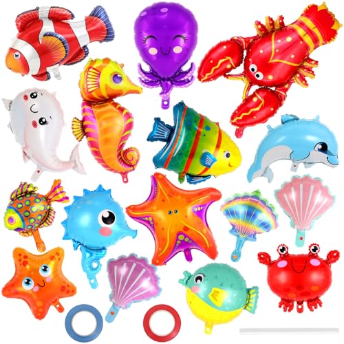 16 Pcs Ocean Animal Balloons Under The Sea Balloons Fish Lobster Octopus Starfish Seahorse Foil Balloon for Kids Sea Animal Mylar Balloon for Beach Ocean Pool Birthday Party Decorations