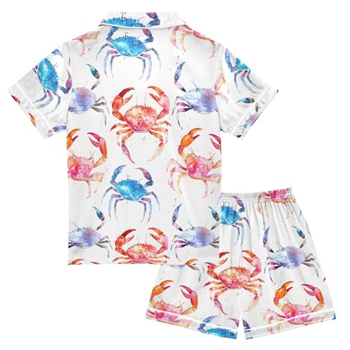 Colorful Crab Vintage Prints Summer Satin Pajama Set, Cute Button-Down Sleepwear Pj Set for Sleep Wears2