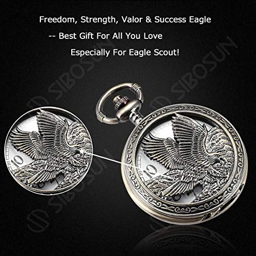 Image of SIBOSUN Eagle Design Pocket Watch with Chain Oversized 50MM 1.96 Inch Quartz Movement Arabic Numerals Half Hunter Cover Analog