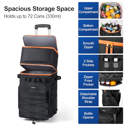 Image of Odoland 72 Can Rolling Cooler Bag with Wheels & Handle, Collapsible Insulated Ice Chest for Beach, Camping & Tailgating - Portable Travel Soft Cooler on Wheels, Collapses for Easy Storage