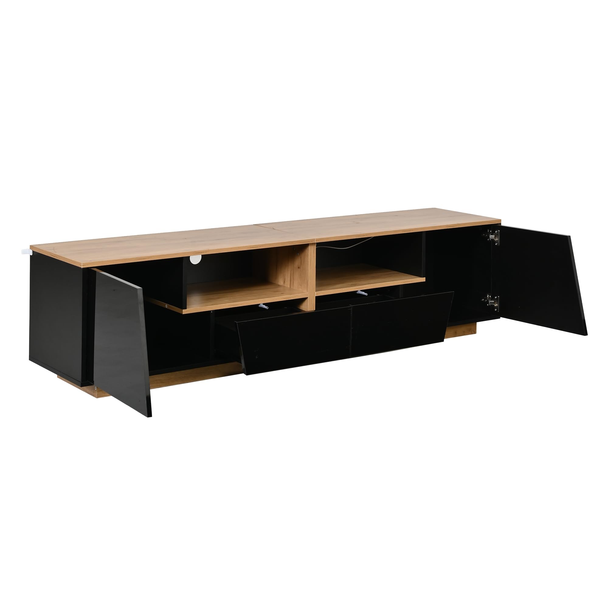 SACOOL Armario para televisión de 180 x 40 x 46 cm, 2 cajones, 2 armarios, armario bajo brillante, adecuado para televisores de 75 pulgadas, negro + empalme de color madera