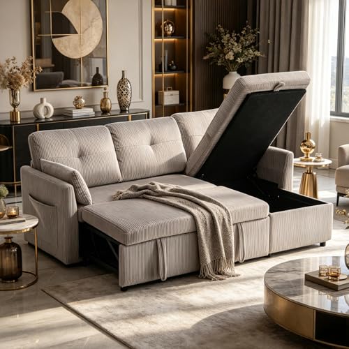 Yihomfy Canapé-lit 3 Places avec Chaise Réversible,Canapé Convertible,Poches accoudoirs,Canapé d'angle Modulable avec Rangement,Canapé-lit L en Corduroy...