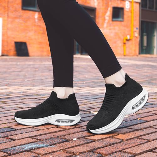 Image of DOUSSPRT Womens Walking Shoes Sock Casual Ladies Fashion Sneakers Comfortable Slip On Air Cushion Platform Black 7.5, Black /White