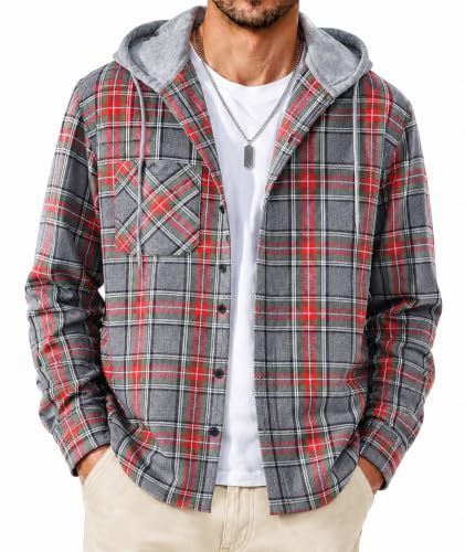 Image of SCODI Mens Flannel Hoodie Shirt Casual Button Down Plaid Long Sleeve Shirts